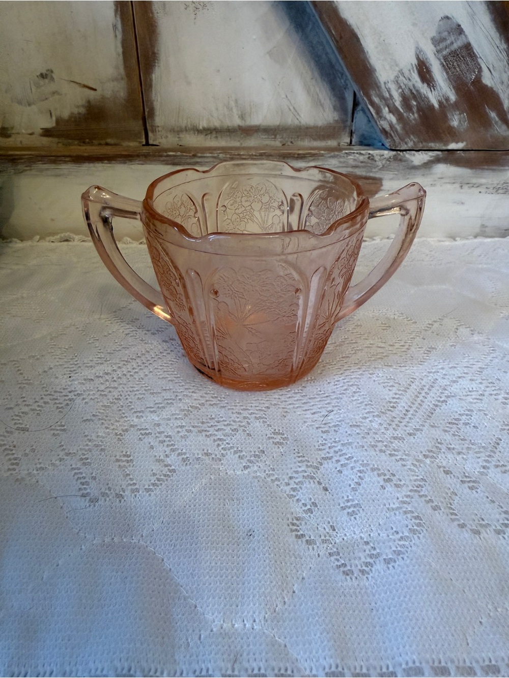 Depression glass pink sugar bowl